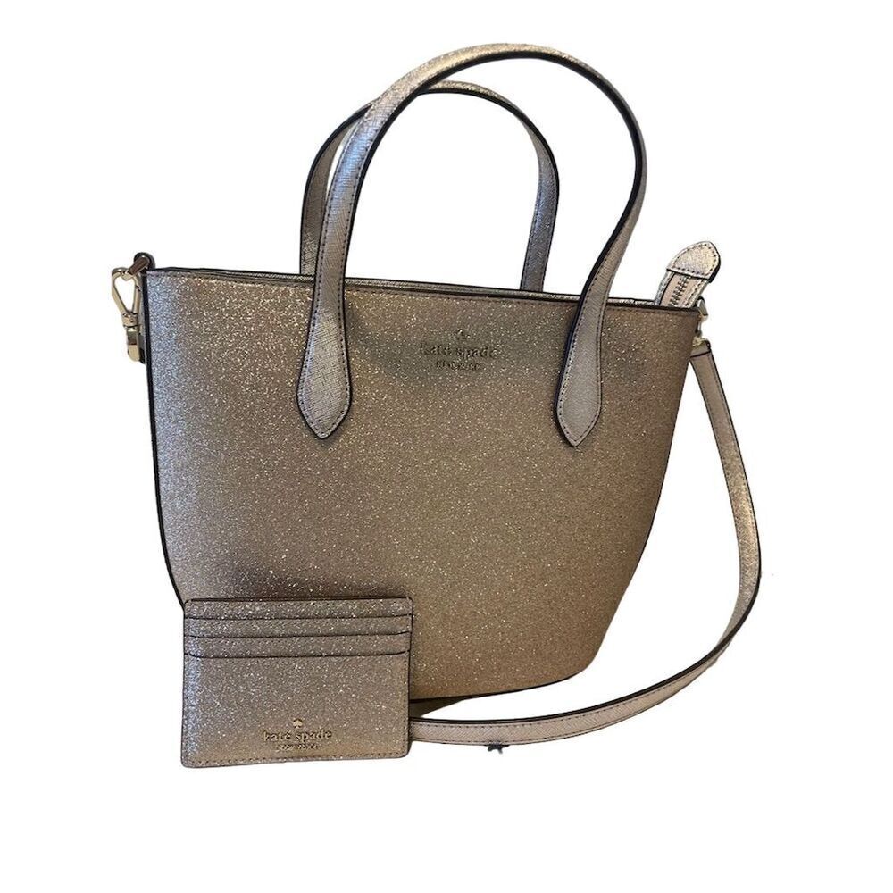 Kate Spade New York Glittery Gold Tote Bag w/ Matching Cardholder